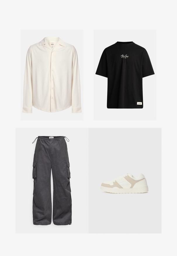Kremfarget, langermet skjorte med knapper, med et strukturelt stripete design og en notched krage. Har en rundet hem og knappdetaljer.; Svart T-skjorte med korte ermer laget av bomull. Har en liten hvit logo på brystet og en rektangulær etikett nederst til høyre.; Grå cargo bukser med teksturert stoff, elastisk liv, snøring og sidelommer. Løs passform med vide ben.; Hvit og beige sneaker med en kombinasjon av glatt og semsket tekstur, rund tå, snøring og en flat gummisåle.