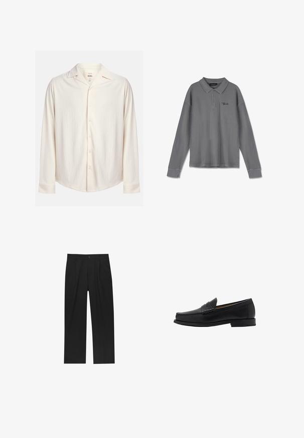 Cremfarbener, langärmliger Button-Up-Hemd mit einem strukturierten Streifenmuster und einem eingeschnittenen Kragen. Verfügt über einen abgerundeten Saum und Knopfakzente.; Langarm-Polohemd aus gestreiftem grauem Stoff. Verfügt über einen Kragen, eine Drei-Knopf-Leiste und dezente schwarze Markenkennzeichnung auf der Brust.; Schwarze Hose mit geradem Schnitt, aus einem glatten Stoff gefertigt. Verfügt über Vorderfalten und einen einzelnen Knopfverschluss an der Taille.; Mango Business-Slipper - black