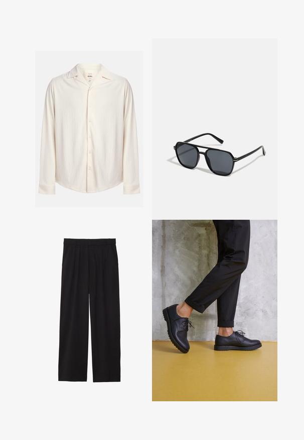 Kremasti dugih rukava košulja s dugim rukavima s teksturiranim prugastim uzorkom i oštrim ovratnikom. Ima zaobljeni rub i gumbe kao ukras.; Crne široke hlače s nabranim prednjim dijelom, bočnim džepovima i glatkom teksturom tkanine. Dizajnirane za opušteni kroj.; Crne kožne cipele na vezanje s zaobljenim vrhom, teksturiranom površinom i debelim gumenim potplatima. Uparene s preklopljenim crnim hlačama na betonskoj pozadini.; Crne sunčane naočale s osmerokutnim okvirom, tamnim lećama, sjajnom završnom obradom, tankim plaštem i zlatnim detaljima na prednjem dijelu.