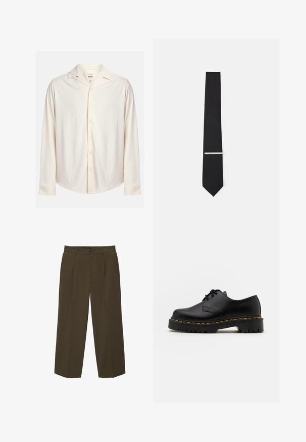 Cream-colored, long-sleeve button-up shirt with a textured striped design and a notched collar. Features a rounded hem and button accents.; Brown, loose-fit trousers made of soft fabric with a flat front, side pockets, and a button closure at the waist. Plain design with no patterns.; Black leather lace-up shoe with a rounded toe, textured rubber sole, and yellow stitching around the base. Flat design and smooth finish.; Black tie made of smooth fabric, featuring a narrow width and a silver tie clip accentuating its design.