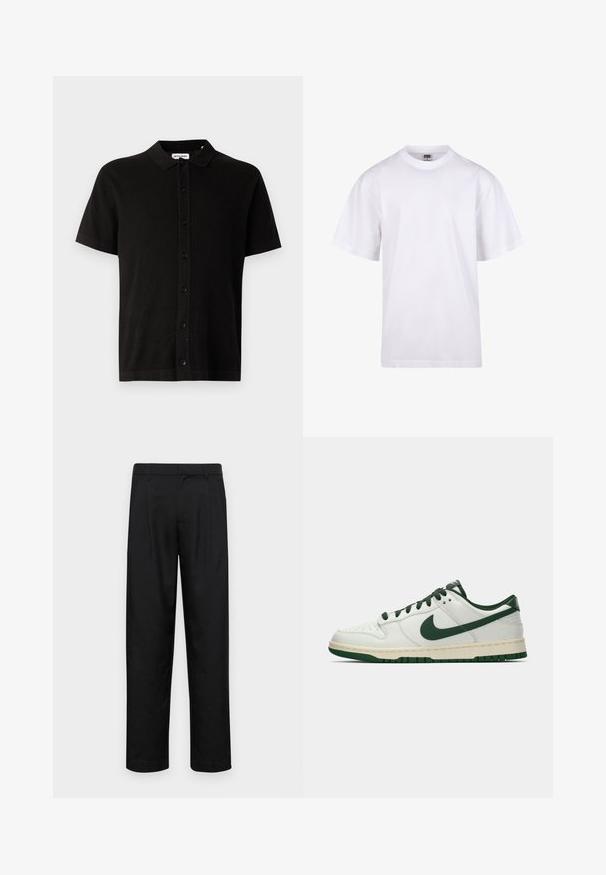 Kortærmet sort strikskjorte med krave, knapper foran og en subtil tekstureret mønster. Klassisk design med en afslappet pasform.; Hvid bomulds T-shirt med rund halsudskæring, korte ærmer og en afslappet pasform. Har et enkelt design uden mønstre eller dekorationer.; Sorte bukser lavet af glat stof, med et lige ben-design, to frontfolder og en standard talje med bæltestropper.; Hvide lavtop sneakers med mørkegrøn Nike swoosh, snørebånd og sål accenter, vist i profil på en ensfarvet hvid baggrund.
