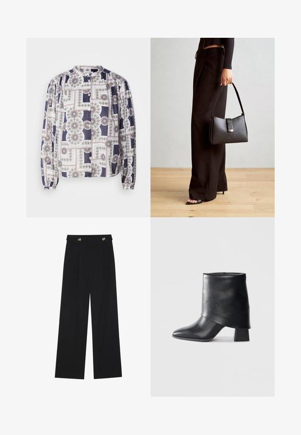 Raštuota bluzonė su apvaliu iškirpimu, ilgomis pūstomis rankovėmis, sagų uždarymu, išsiskirianti geometriniais raštais tamsiai mėlynos, baltos ir žalios spalvų.; Juodi plačios kojos kelnės su aukštu liemeniu, sagų detalėmis ant liemens ir priekinėmis raukšlėmis.; Juodos odinės kulkšnės botai su smailiu pirštu, lygiu paviršiumi ir standžiu blokiniu kulnu. Ypatybė - aukštas, sulankstytas užkulnis.; Juodas rankinė struktūrizuota forma, lygi tekstūra ir metalinis užsegimas. Suporuota su plačiomis juodomis kelnėmis ir atvirais bateliais ant medinių grindų.