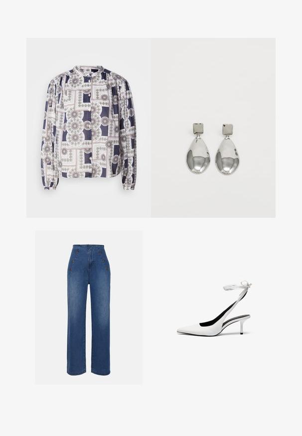 Bluză cu model, cu guler rotund, mâneci lungi puff, închidere cu nasturi, având un design geometric în culorile bleumarin, alb și verde.; Jeans din denim cu talie înaltă, de culoare albastru mediu. Prezintă accente cu buton în față și un design cu picioare late. Materialul are o textură netedă, cu o ușoară decolorare.; Pantofi cu toc slingback albi, cu vârful ascuțit și curea subțire la glezna. Material din piele netedă, toc subțire stil stiletto și căptușeală interioară neagră.; Cercei din argint cu stud pătrat, având un finisaj neted și lustruit, într-o formă de lacrimă, care reflectă lumina cu o suprafață lucioasă.