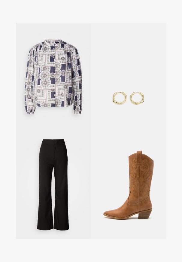 Blusa a fantasia con scollo rotondo, maniche lunghe a palloncino, chiusura con bottoni, caratterizzata da motivi geometrici nei colori blu navy, bianco e verde.; Pantaloni neri a gamba larga con texture liscia, vita alta e design semplice. Nessuna tasca visibile o decorazioni.; Stivale cowboy in pelle marrone chiaro con punta affusolata, modelli ricamati a spirale sull'asta e tacco a blocco impilato. Presenta una linguetta per una facile calzata.; Orecchini a cerchio in oro con una forma irregolare e texture. Presentano una chiusura senza giunture e una finitura superficiale lucida, che enfatizza un design moderno.
