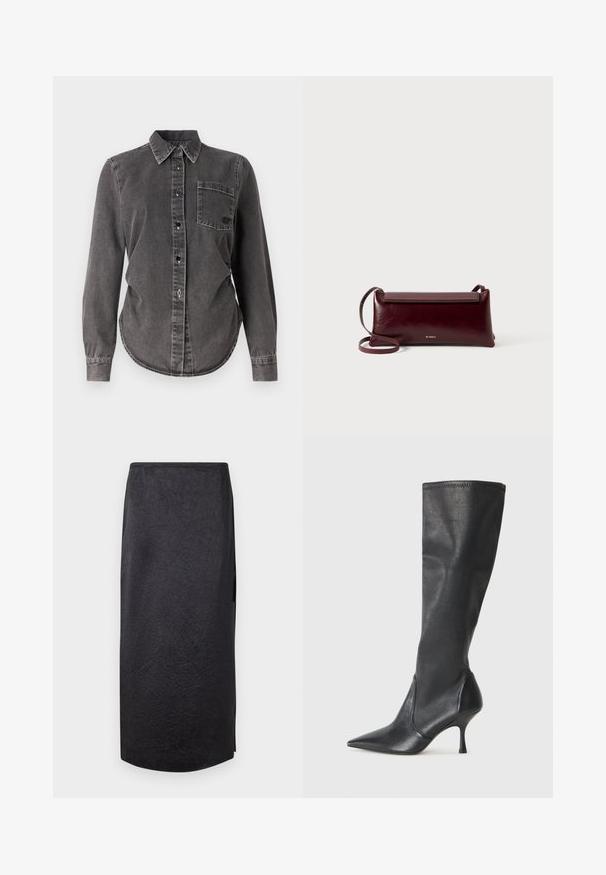 Dark gray denim shirt with long sleeves, button closure, pointed collar, single chest pocket, and rounded hem. Textured surface with visible stitching.; Black midi skirt with a crinkled texture, straight cut, and side slit. Material appears lightweight. Hemline is slightly rounded.; Knee-high black leather boots with a pointed toe and a slim stiletto heel. Smooth texture with a fitted design and stitching at the top edge.; Burgundy leather crossbody bag with a smooth texture, rectangular shape, flap closure, and a thin adjustable strap. Gold logo detail visible.