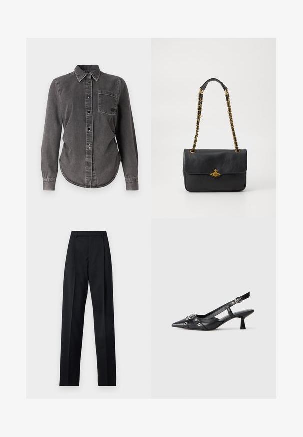 Temná šedá denimová košeľa s dlhými rukávmi, zapínaním na gombíky, špicatým golierom, jedným vreckom na hrudi a zaobleným lemom. Štruktúrovaný povrch s viditeľným šitím.; Čierne nohavice vyrobené z hladkej látky s vysokým pásom, širokými nohavicami, prednými záhybmi a klasickými pútkami na opasok. Žiadne bočné vrecká nie sú viditeľné.; Čierne kožené slingback topánky s špicatou špičkou, ozdobnými popruhmi s kovovými očkami a nízkym blokovým podpätkom. Textúrovaný povrch.; Čierna kožená kabelka s preklopeným klopou, zlatým reťazovým popruhom a logom na prednej strane. Hladká štruktúra.