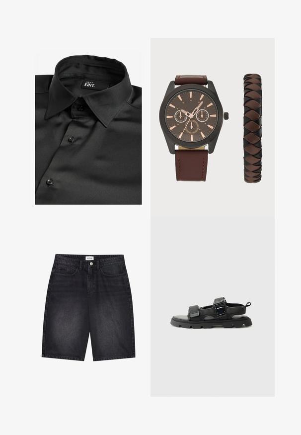 Next EDIT LONG SLEEVE- REGULAR FIT - Shirt - black; Black denim shorts with a classic design. Features five pockets, front button closure, and stitching detail. Smooth texture and straight cut.; Black sandals with a textured fabric upper, wide straps, metal buckle accents, and a thick rubber sole featuring a lug pattern.; Pier One SET - Watch - black/brown; Gold-tone ring featuring a raised lion motif on a black background, framed by a circular band engraved with the brand name.