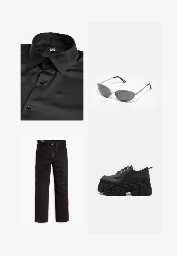 Next EDIT LONG SLEEVE- REGULAR FIT - Hemd - black; Schwarze gerade Jeans aus Denim mit fünf Taschen, Knopfverschluss und Gürtelschlaufen, flach auf einem weißen Hintergrund ausgelegt.; Buffalo GOSPHER LACE UP  - Schnürer - black; Sonnenbrille mit einem schlanken, silbernen Metallrahmen, grauen getönten Gläsern und einem aerodynamischen Design mit spitzen Kanten und dünnen Bügeln.; Rosa Krawatte mit geometrischem Blumenmuster, strukturierter Oberfläche und einfarbigem rosa Unterteil. Quadratische Spitze mit angetragenem Etikett.