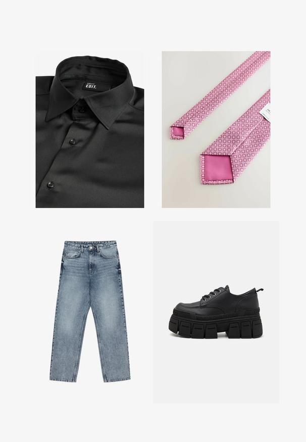 Next EDIT LONG SLEEVE- REGULAR FIT - Skjorter - black; Lysblå denim jeans med lige ben, synlig syning, fem lomme-design og knaplukning ved taljen.; Buffalo GOSPHER LACE UP  - Snøresko - black; Pink slipse med et geometrisk blomstermønster, struktureret overflade og en ensfarvet lyserød bagside. Kvadratisk spids med et vedhæftet mærke.