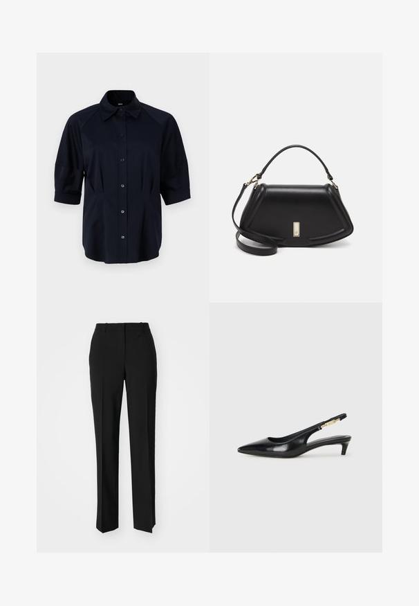 Navy short-sleeve shirt with a classic collar, button front, and soft fabric. Features side panels and a tailored fit for a modern look.; Black tailored trousers with a straight-leg design, featuring a smooth texture and crisp creases along the front. No visible hardware.; Black leather slingback heels with a pointed toe, featuring a slim heel and a gold-tone accent on the adjustable strap. Smooth texture.; Black leather handbag with a structured design, featuring a cropped shape, top handle, and gold hardware accent. Adjustable shoulder strap included.