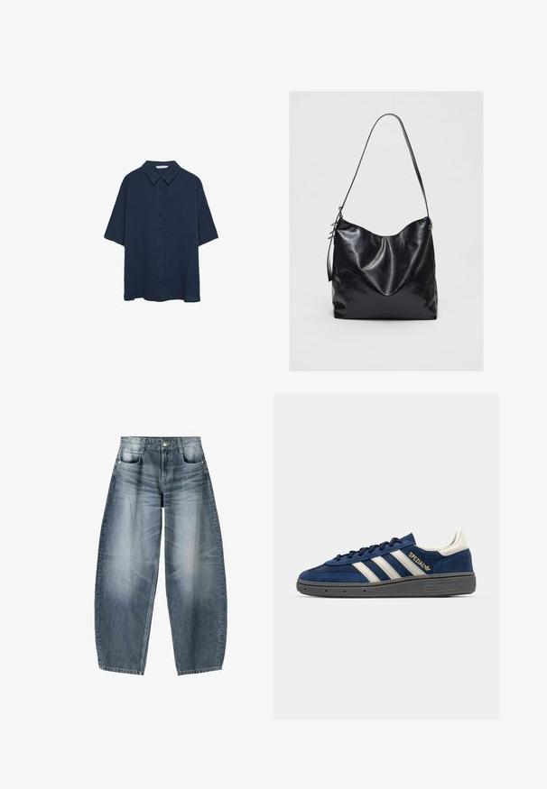 Marineblå short-sleeve skjorte lavet af struktureret stof, med spids krave og frontlukning med fem knapper.; Bredde jeans lavet af lyseblå denim med falmning, der har et fem-lomme design, knaplukning og minimale syninger.; Mørkeblå ruskinds sneakers med hvide striber, guld "Spezial" detalje, grå tekstureret sål, rund tå og matchende snørebånd. Klassisk design.; Sorte læder skuldertaske med en blød, tekstureret overflade. Har et buet design og en enkelt justerbar rem. Ingen ekstra hardware.