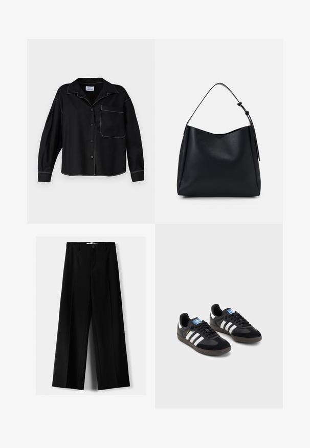 Musta nappipaita, jossa on kaulus, pitkät hihat ja läpällä varustettu tasku. Valkoiset kontrastitikkaukset saumoissa. Suoratekoinen kangas.; Mustat leveälahkeiset housut, jotka on valmistettu kevyestä kankaasta. Housuissa on etunappikiinnitys ja tasainen etuosa, sekä huolellisesti ommellut helmat.; Mustat lenkkarit, joissa on mokkanahka- ja synteettinen päällinen, kolmella valkoisella raidalla, tekstuurilla varustettu kumipohja ja sininen logo-etiketti kielellä.; Musta nahkainen hobo-laukku, jossa on yksi olkahihna, sileä pinta, kapeneva yläosa ja minimalistic suunnittelu ilman näkyvää metalliosaa.