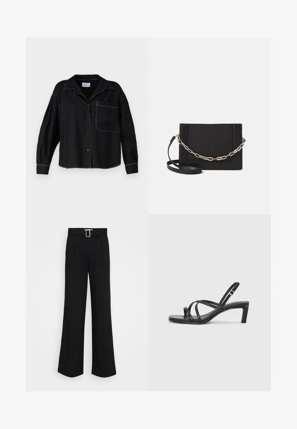 Musta nappipaita, jossa on kaulus, pitkät hihat ja läpällä varustettu tasku. Valkoiset kontrastitikkaukset saumoissa. Suoratekoinen kangas.; Musta leveälahkeinen housut, jotka on valmistettu kevyestä kankaasta, jonka pinta on sileä. Housuissa on etulaskokset ja vyö, jossa on neliön muotoinen metallisolki.; Mustat hihnalligat, joissa on neliön muotoinen kärki ja matala lohkokorko. Ominaisuuksiin kuuluu useita ohuita hihnoja ja säädettävä nilkkahihna. Valmistettu sileästä nahasta.; Musta nahkainen olkalaukku, jossa on sileä pinta, suorakulmainen muoto ja metalliketju yksityiskohtana edessä. Mukana säädettävä hihna.