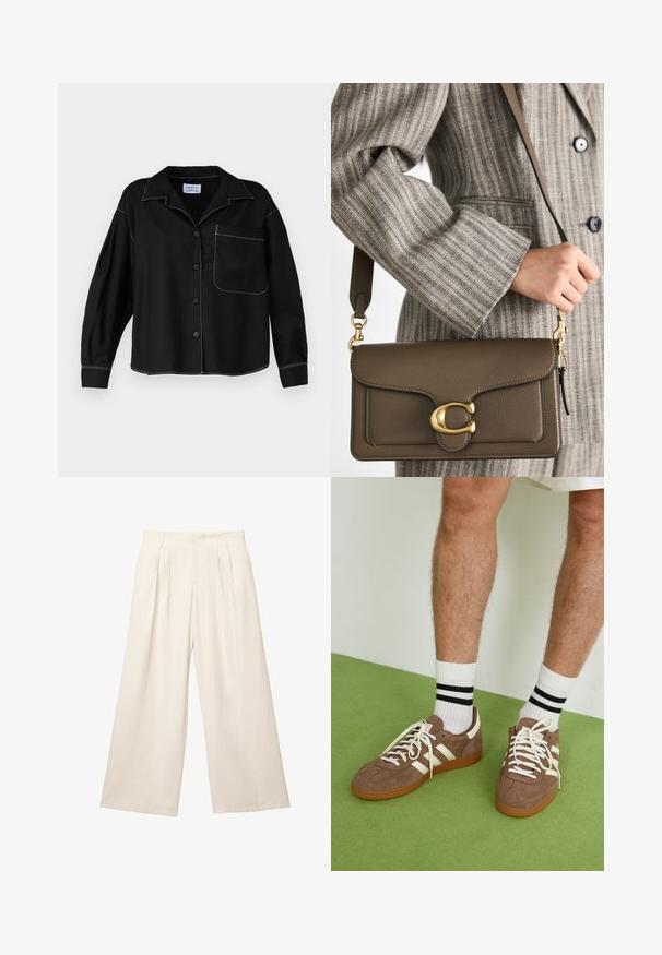 Fekete gombos ing, gallérral, hosszú ujjakkal és felvarrott zsebből. Fehér kontrasztvarrás a varratok mentén. Sima textúrájú anyag.; Széles lábú nadrág világos bézs színben, puha, textúrált anyagból. Elöl pliszével és elasztikus derékkal rendelkezik a kényelmes viselet érdekében.; Barna velúr sportcipő fehér díszítéssel és fűzővel. Gumi talp. Fehér zoknival viselve, fekete csíkokkal. Zöld, textúrázott padló.; COACH TABBY SHOULDER BAG 26 - Kézitáska - dark stone; Arany lánc nyaklánc, hosszúkás, téglalap alakú karikákból készült. Egy fekete csipkebetétes ing fölött viselik, sima, fényes felülettel.