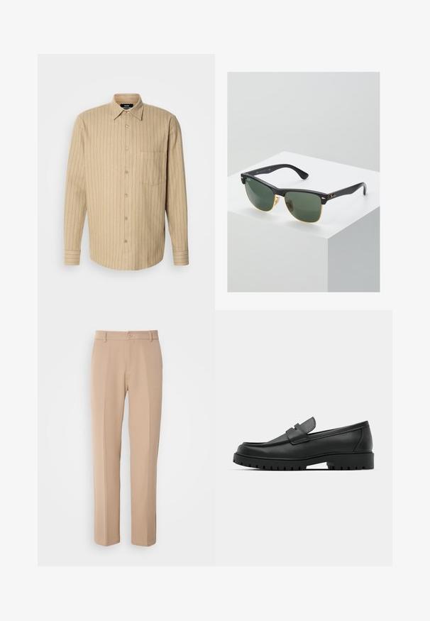 Šviesiai rudų atspalvių marškiniai su vertikaliomis mėlynomis juostelėmis, ilgomis rankovėmis, vienu krūtinės kišeniu ir klasikinio tipo apykakle. Minkšta audinio tekstūra.; Šviesiai rudos kelnės, pagamintos iš lygios medžiagos, su tiesiomis kojomis, priekiniais sagčių užsegimais ir subtiliais raukšlių akcentais priekyje.; Juodi odiniai loaferiai su apvalia nosimi, su siuvinėtu dizainu, žemu platformos padu ir tekstūruotu, sukibimo raštu padu.; Ray-Ban saulės akinių žaliais objektyvais, juodais plastikiniais rėmeliais ir auksinėmis detalėmis ant kraštų. Kvadratinė forma su matinio paviršiaus apdaila.