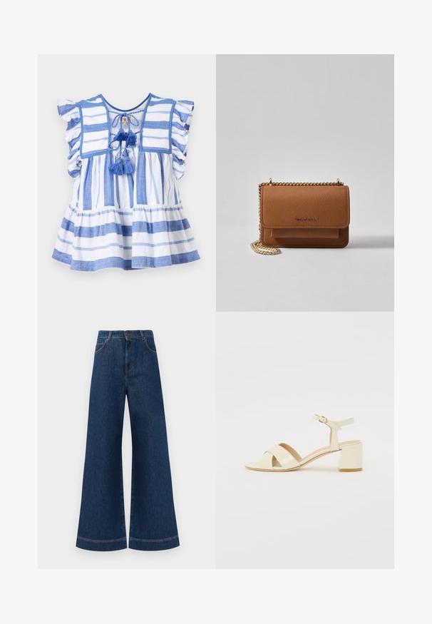 MILLE CHELSEA - Pluus - nantucket; Laia siniste denim pükste suur jalg, kõrge vöökoht, nupuga kinnitamine, vöökohad ja peened õmblusdetailid taskute ja äärte ääres.; Beež patentnahast kontsaga sandaalid, millel on risti rihmad, avatud varvas, reguleeritav pahkluu riba ja plokk-konts. Sile tekstuur.; Pruun tekstureeritud nahk ristkeha kott kuldse ahelaga rihmaga ja klapiga sulgemine. Esiküljel on logo detail ja tasku klapi all.