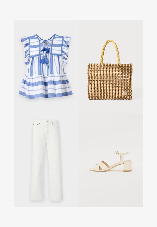 MILLE CHELSEA - Blúz - nantucket; Fehér farmernadrág, amely egyenes szárú, öt zsebes kialakítással és fémdíszítésekkel rendelkezik a derékrészen és a zsebeknél.; Beige lakkbőr magassarkú szandál, kereszttartós kialakítással, nyitott orral, állítható bokapánttal és tömbsarokkal. Sima textúrával.; Barna és sárga színű, téglalap alakú, két füles táska, textúrált felülettel, látható varrásokkal és márkacímkével.