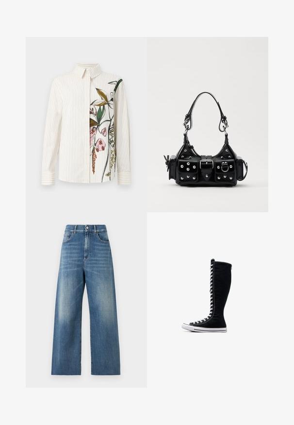 Koszula zapinana na guziki w pionowe paski, w kolorze kremowym, z kwiatowym wzorem z jednej strony. Długie rękawy i klasyczny kołnierzyk. Gładka faktura.; Dżinsy z wysokim stanem i szerokimi nogawkami, wykonane z niebieskiego denimu o wyblakłym wykończeniu. Cechy obejmują kieszenie z przodu oraz pojedyncze zapięcie na guzik.; Czarne wysokie trampki o wysokim designie, wykonane z płótna. Posiadają białe sznurowadła, przeszycia oraz gumową podeszwę z osłoną na palce.; Czarna skórzana torebka w zakrzywionym kształcie, z srebrnymi ćwiekami, klamrą i dwoma bocznymi kieszeniami. Regulowany pasek umożliwiający różne opcje noszenia.