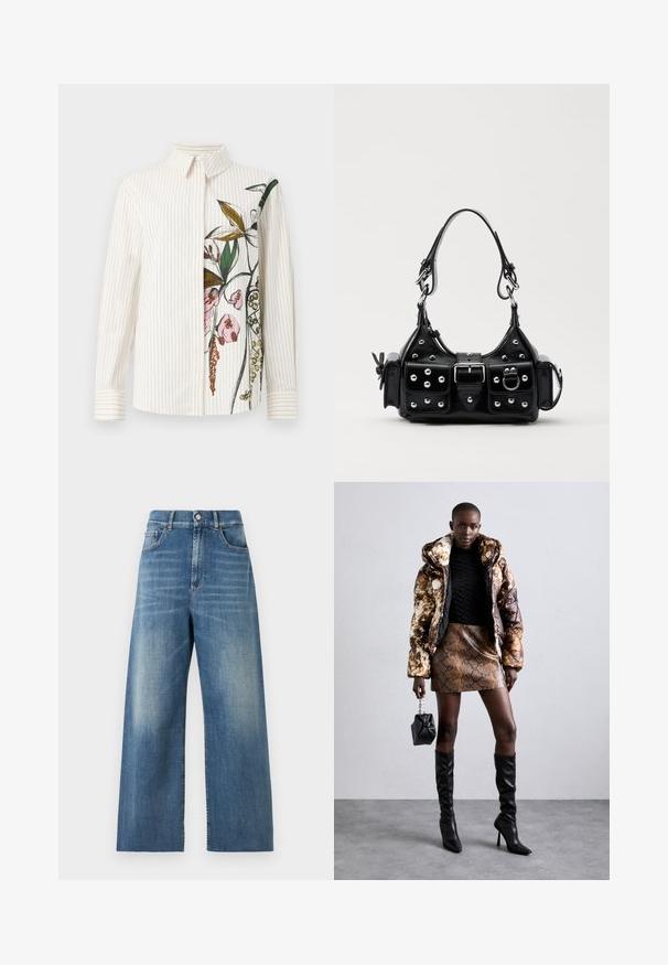 Felsőgombos ing, vertikális csíkokkal, krémszínű, virágmintával az egyik oldalon. Hosszú ujjú és klasszikus gallérral rendelkezik. Sima tapintású.; Magas derekú, bő szárú farmernadrág kék denimből, megfakult felülettel. Jellemzői közé tartozik a két elülső zseb és az egy gombos zárás.; Barna és fekete mintás puffjú dzseki, barna kígyóbőr mintás mini szoknyával, fekete térdig érő csizmával és egy kicsi fekete táskával párosítva.; Fekete bőr kézitáska ívelt designnal, ezüst szegecsekkel, csattal és két oldalsó zsebbel. Állítható vállpánt a hordozási lehetőségekhez.
