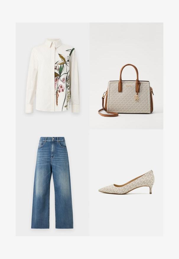 Cămașă cu nasturi, cu dungi verticale, de culoare crem, având un design floral pe o parte. Mâneci lungi și guler clasic. Textură netedă.; Jeans cu talie înaltă și picioare largi, realizate din denim albastru cu un finisaj decolorat. Caracteristici includ buzunare frontale și un singur nasture la închidere.; Pantof cu vârf ascuțit din material bej cu un model geometric, având un toc mic și o siluetă elegantă. Textură netedă și accente minime.; Geantă bej, cu accente din piele maro, având un model cu logo, mânere superioare, o curea de umăr detașabilă și elemente din metal de culoare aurie.; Cercei din aur cu un finisaj lustruit, având un design circular gros și un mecanism de închidere sigur. Textură netedă și aspect strălucitor.
