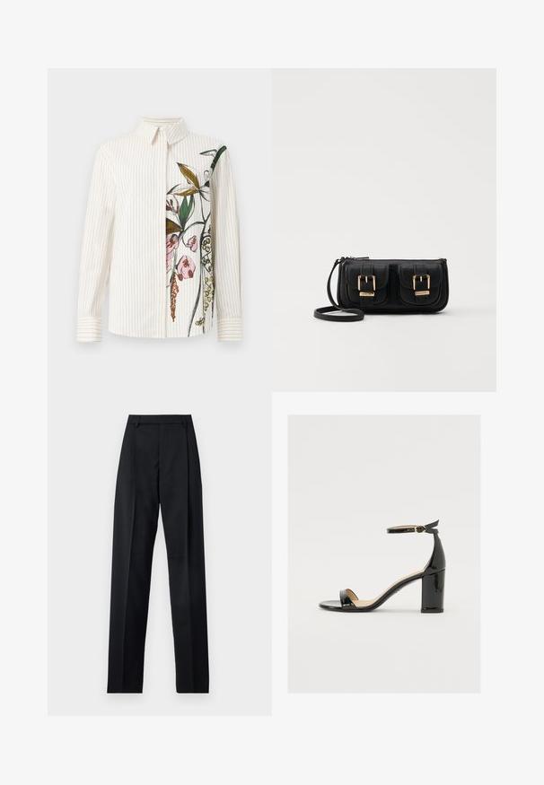 Button-up shirt with vertical stripes, cream color, featuring a floral design on one side. Long sleeves and classic collar. Smooth texture.; Black trousers made from smooth fabric featuring a high waist, wide legs, front pleats, and classic belt loops. No side pockets visible.; Black patent leather sandal with a wide heel, open toe, and ankle strap featuring a gold buckle. Smooth texture and sleek design.; Black leather crossbody bag with two front pockets, gold buckles, zipper closure, and a slim strap. Textured surface and compact rectangular shape.