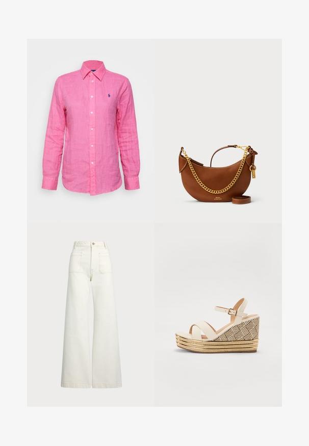 Košulja dugih rukava s ovratnikom u svijetlo ružičastom platnu, s malim plavim logotipom na lijevoj strani prsnog koša i bijelim gumbima sprijeda.; Široke traperice u boji krem-paleža. Visoki struk s kopčanjem na dugme, dva prednja džepa i kontrastni šavovi.; Sandale na petu s krema platnom na gornjem dijelu, prilagodljivim remenom oko gležnja i strukturalnom tkanom potplatom s zlatnim detaljima i slojevitom slamom.; Smeđa kožna torba s ovalnim dizajnom, zlatnim lancem za nošenje, unutarnjim džepom i odvojivim remenom za rame. Sadrži kontrastne šavove.