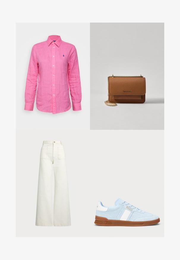 Camisa de manga longa, com colarinho, em linho rosa brilhante, apresentando um pequeno logótipo azul no peito esquerdo e botões brancos à frente.; Jeans de perna larga em denim off-white. Design de cintura alta com fecho de botão, dois bolsos frontais e detalhes de costura em contraste.; Sapatilhas de camurça azul claro com uma faixa branca, sola de borracha gum e detalhe do logotipo. Os atacadores planos e a língua acolchoada aumentam o conforto.; Bolsa crossbody de couro texturizado castanho com alça de corrente dourada e fecho com aba. A parte da frente apresenta detalhe do logótipo e um bolso sob a aba.