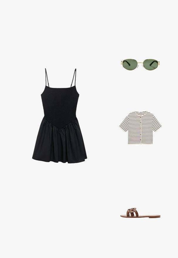 Prúhovaný krátky cardigan s krátkym rukávom v krémovej farbe s námorníckymi líniami, s okrúhlym výstrihom a zlatými gombíkmi pozdĺž predného otvoru.; Čierne šaty s elastickým živôtikom a nastaviteľnými ramienkami. Sukňa je nabrúsaná a vytvára rozšírený tvar. Hladká textúra po celom obvode.; Hnedé ploché sandále vyrobené z umelého materiálu s pleteným dizajnom remienkov a hladkou plochou podrážkou. Bez podpätka, minimalistická estetika.; Slnko zlatohnedých kovových rámových okuliarov s zelenými tónovanými sklami, oválnym tvarom, čiernymi stranami a priehľadnými nosnými podložkami. Čistý, minimalistický dizajn.