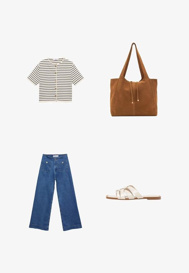 Gestreepte cardigan met korte mouwen in roomkleur met marineblauwe lijnen, voorzien van een ronde halslijn en goudkleurige knopen langs de voorkant.; Denim brede pijpen jeans met een middelblauwe wassing, twee voorkanten met knoopsluitingen en gestikte details langs de zoom.; Vlakke sandalen met een tan rubberen zool, ontworpen met drie overlappende witte leren banden en een kleine strikdetail in het midden.; Bruine suède schoudertas met twee lange hengsels, trekkoordsluiting en minimalistisch ontwerp. Gladde textuur en geen zichtbare hardware-accenten.