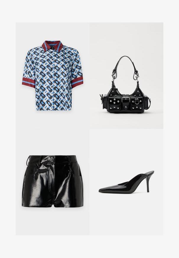 Camisa de manga curta com um padrão geométrico em azul, preto e branco. Detalhes em vermelho no colarinho e nas mangas. Feita de tecido suave com botões.; Calções pretos e brilhantes feitos de material sintético. Apresentam uma cintura justa, passantes para cinto e bolsos frontais com detalhes de costura proeminentes.; Mule de salto alto em couro envernizado preto com ponta fina e uma silhueta elegante, apresentando um calcanhar aberto e um salto stiletto esbelto.; Bolsa de couro preta com um design curvado, apresentando tachas prateadas, uma fivela e dois bolsos laterais. Alça ajustável para opções de transporte.