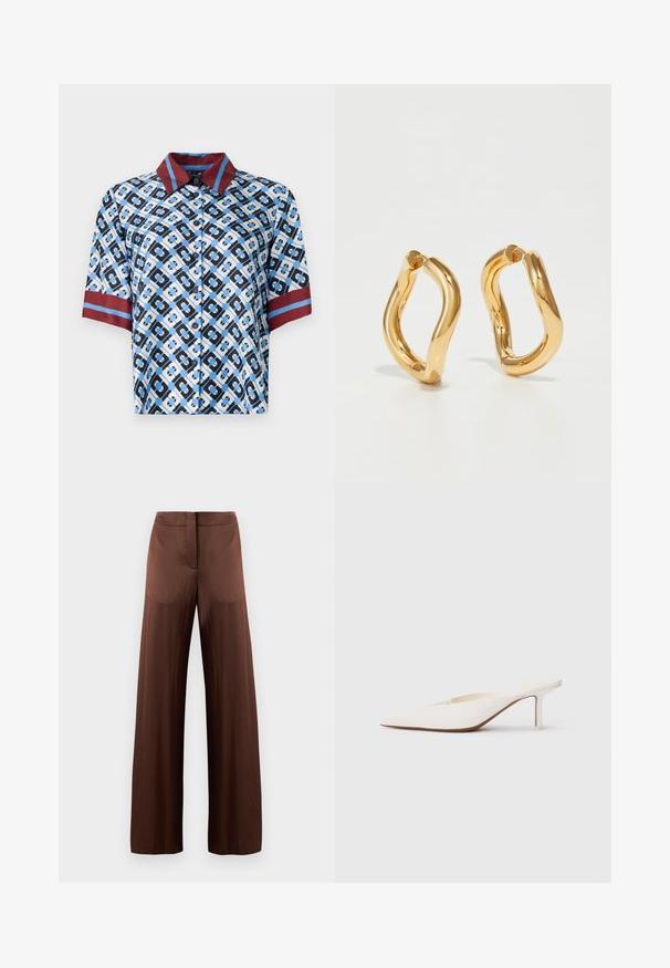 Trumpas rankovėmis marškinėliai su mėlyni, juodi ir balti geometriniai raštai. Raudoni apykaklės ir rankovių akcentai. Pagaminti iš lygaus audinio su mygtukais.; Rudos plačios kojos kelnės, pagamintos iš lygios, lengvos medžiagos, su lygia priekiu, be kišenių ir tiesiu siluetu.; Smailas balti mules su smailiu priekiniu pasagų ir žemu aukštu kulnu. Pagaminti iš lygios medžiagos, minimalistinio dizaino su subtiliu smėlio spalvos pado akcentu.; Auksinės spalvos lankinės auskarai su kreiviu, nereguliariu siluetu ir sklandžiu, blizgiu paviršiumi. Nėra matomų detalių ar akcentų.