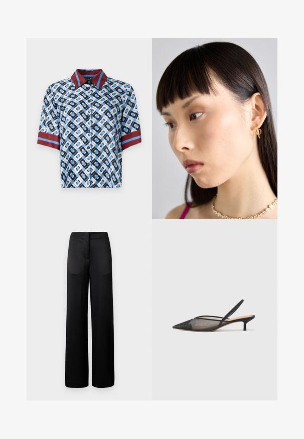 Short-sleeve shirt with a blue, black, and white geometric pattern. Red collar and sleeve accents. Made of smooth fabric with buttons.; Wide-leg black trousers with a textured surface, featuring a flat waistband and two side pockets. The fabric appears lightweight and flowing.; NEOUS IRENA - Classic heels - black; Gold hoop earring worn on the right ear, featuring an open design. Model has straight, dark hair and minimal makeup.