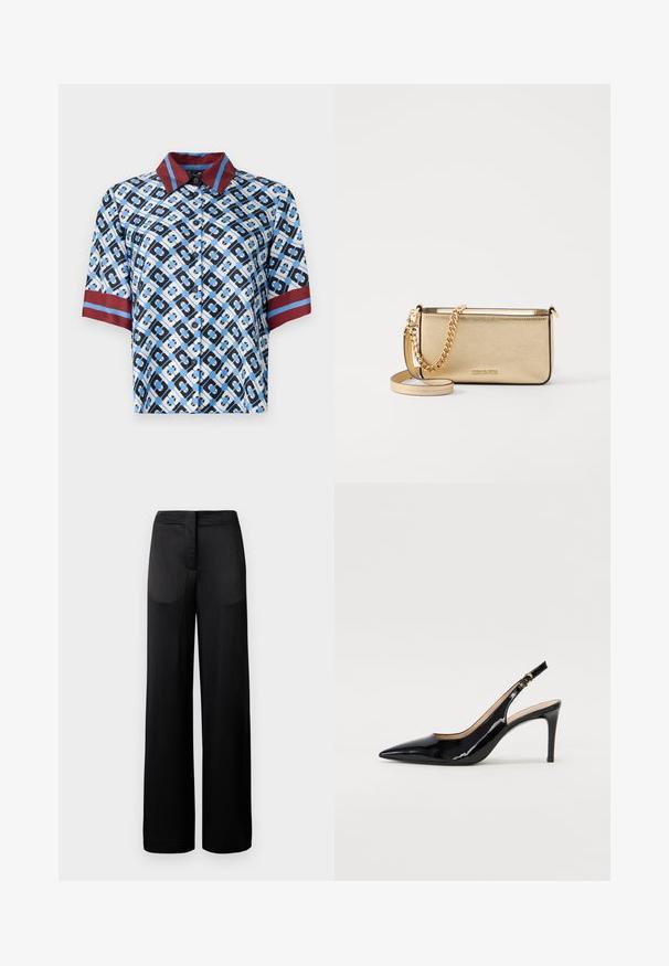 Īsām piedurknēm krekls ar zilu, melnu un baltu ģeometrisku rakstu. Sarkana apkakle un piedurkņu akcenti. Izgatavots no gludas auduma ar pogām.; Platas kājas melnas bikses ar teksturētu virsmu, ar plakanu jostu un divām sānu kabatām. Audums izskatās viegls un plūstošs.; Melnas lakotās ādas slingback kurpes ar izteiktu degunu, šauru papēdi un smalku izgriezumu dizainu. Siksniņai ir zelta sprādze.; Metālisks zelta ādas klipsis ar teksturētu apdari, ar zelta ķēdes siksniņu un noņemamu pleca siksniņu. Zīmola logo iepresēts.