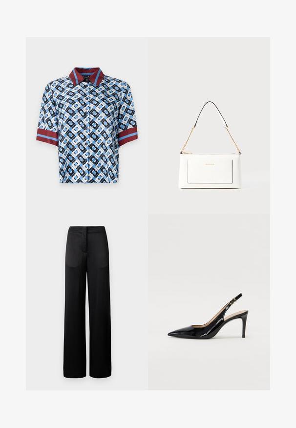 Kratek rokav srajca z modrim, črnim in belim geometrijskim vzorcem. Rdeči ovratnik in poudarki na rokavih. Narejena iz gladkega materiala z gumbi.; Široke črne hlače z teksturirano površino, ki imajo ravno pasnico in dve stranski žepki. Tkanina se zdi lahka in tekoča.; Črne lakirane slingback čevlje z izostrenim nosom, ozkim peto in subtilnim izrezom. Na traku je zlata sponka.; Bela usnjena torbica z teksturirano površino, ki vključuje zlat pas in črne detajle. Ima sprednji žep in zadrgo.