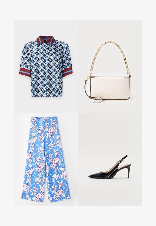 Rövid ujjú ing kék, fekete és fehér geometrikus mintával. Piros gallér és ujjak díszítése. Sima anyagból készült, gombokkal.; Kék virágmintás nadrág, amely pasztell rózsamintával van díszítve. Az anyag sima, laza szabású, széles lábú, és rugalmas derékpánttal rendelkezik.; Fekete lakk bőr kötött magassarkú cipő, hegyes orral és karcsú sarokkal, finom kivágásos dizájnnal. Az övön arany csatt található.; Fehér bőr kézi táska, texturált felülettel, arany lánc pánttal és levehető vállpánttal. A logó a táska elején található.