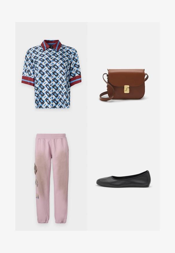 Short-sleeve shirt with a blue, black, and white geometric pattern. Red collar and sleeve accents. Made of smooth fabric with buttons.; Pink sweatpants with an elastic waistband, featuring decorative patches in diamond shapes on the left side and elastic cuffs at the ankles.; Black leather ballet flat with a rounded toe, smooth texture, minimal stitching detail, and a flexible sole design.; Brown leather handbag with a flap closure, gold-tone hardware, a shoulder strap, and a smooth texture. Compact rectangular shape.