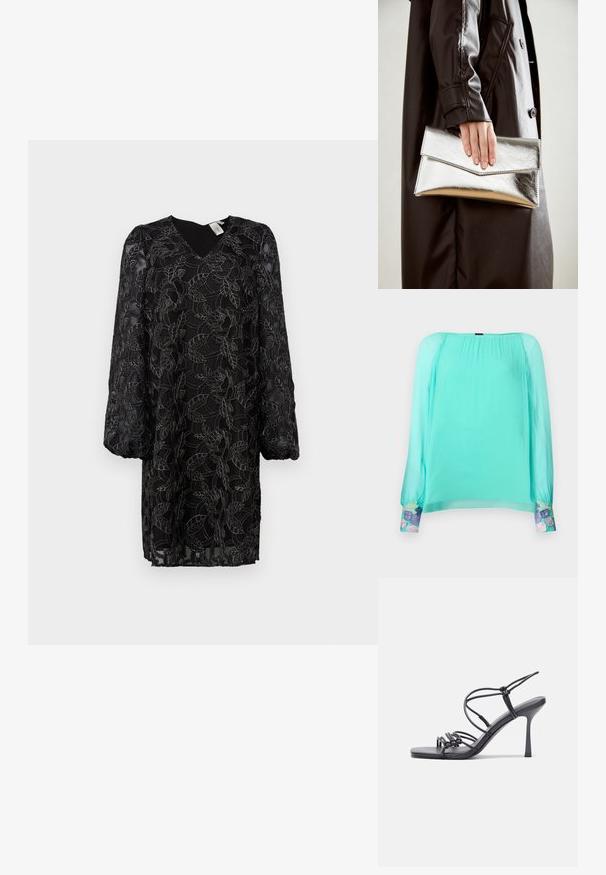 Mintgroene blouse met lange, opgezette mouwen. Heeft geborduurde bloemaccenten bij de manchetten. Gemaakt van lichtgewicht, doorschijnende stof.; Zwarte kant jurk met bloemenpatroon, V-hals en lange pofmouwen. Doorzichtig materiaal met een binnenvoering; losse pasvorm en lengtes tot halverwege het bovenbeen.; Zwarte hoge hakken sandaaltjes hebben dunne banden met een geknoopt ontwerp, een gladde vierkante neus en een elegante stiletto-hak.; Zilveren metallic clutch met een hoekig envelopontwerp, een gladde textuur en een contrasterende binnenkleur, vastgehouden in een hand die een zwarte jas draagt.