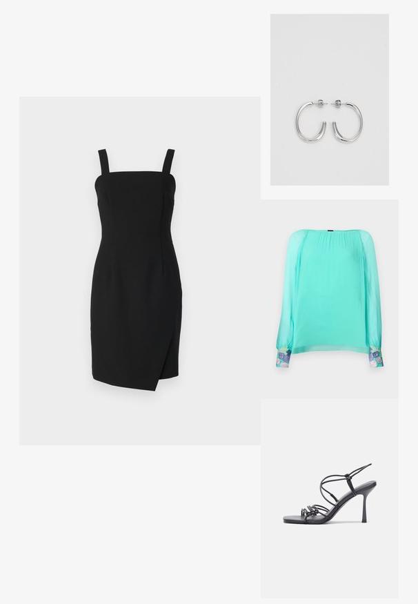 Minttu vihreä paita, jossa on pitkät, puffatut hihat. Sisältää brodeerattuja kukkaaksentteja hihojen suissa. Valmistettu kevyestä, läpikuultavasta kankaasta.; Musta istuva mekko, jossa on neliön muotoinen kaula-aukko, säädettävät olkaimet ja kietaisuelementti edessä, valmistettu sileästä kankaasta.; Mustat korkokengät sandaalit, joissa on ohuet hihnat solmittuna, sileä neliön muotoinen varvasosa ja tyylikäs stiletto-korko.; Vaalea harmaa metallinen käsilaukku, jossa on ketjusanka. Laukku on koristeltu pienillä pyöreillä metallikoruilla ja kolmion muotoisella brändilogolla.; Hopehopeet hopehopeet hopehopeet hopehopeet, jolla on sileä, kiiltävä pinta. Pyöreä muoto, kevyt rakenne, jossa on neulakiinnitys.