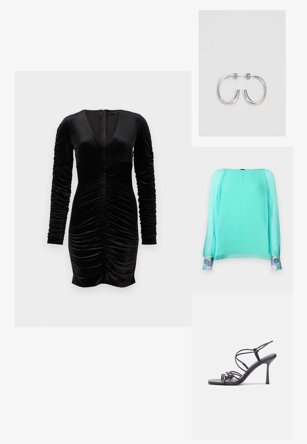 Mentolová blúzka s dlhými, nafúknutými rukávmi. Je zdobená vyšívanými kvetinovými akcentmi na manžetách. Vyrobená z ľahkej, priesvitnej látky.; Čierne sametové šaty s dlhými puff rukávmi, hlbokým V-výstrihom a nariasením v prednej časti. Zips na chrbte. Hladká textúra.; Čierne sandále na vysokom podpätku majú tenké remienky s uzlovým dizajnom, hladký štvorcový špičku a elegantný stiletto podpätok.; Svetlošedá metalická kabelka s reťazovým popruhom, ozdobená malými kruhovými kovovými štítkami a trojuholníkovým logom značky.; Strieborné kruhové náušnice s hladkým a lesklým povrchom. Okrúhly tvar, ľahký dizajn, s uzáverom na kolík.