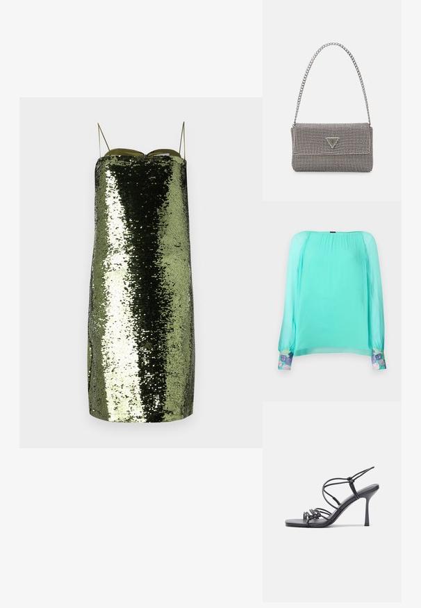 Pistaziengrüne Bluse mit langen, gepufften Ärmeln. Verfügt über gestickte Blumenakzente an den Bündchen. Hergestellt aus leichtem, transparentem Stoff.; Grünes Paillettenkleid mit geradem Schnitt, dünnen verstellbaren Trägern, einem reflektierenden Material und einer schlanken Silhouette.; Schwarze, hochhackige Sandalen mit dünnen Riemen und einem geknoteten Design, einer glatten, rechteckigen Zehenpartie und einem eleganten Stiletto-Absatz.; Hellegraue metallische Handtasche mit einer Kettenriemen, verziert mit kleinen kreisförmigen metallic Nieten und einem dreieckigen Markenlogo.