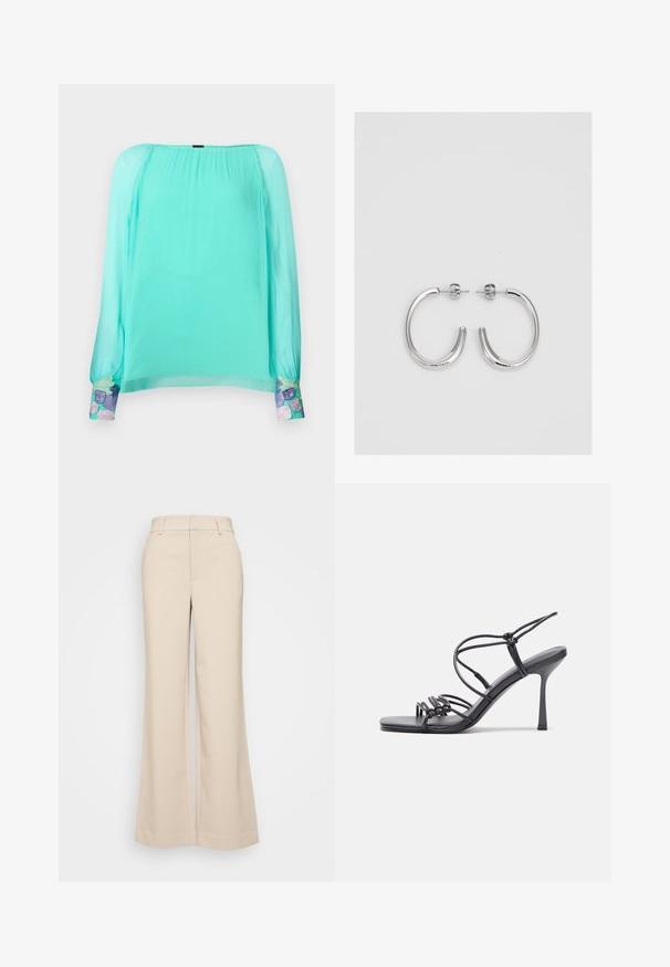 Mintgroene blouse met lange, opgezette mouwen. Heeft geborduurde bloemaccenten bij de manchetten. Gemaakt van lichtgewicht, doorschijnende stof.; Beige wijduitlopende broek met een gladde textuur, voorzien van een hoge tailleband en twee voorzakken. Schoon ontwerp met een getailleerde pasvorm.; Zwarte hoge hakken sandaaltjes hebben dunne banden met een geknoopt ontwerp, een gladde vierkante neus en een elegante stiletto-hak.; Zilveren oorringen met een glad, glanzend oppervlak, met een gebogen vorm en een sluiting met steker. Minimalistisch ontwerp met een moderne afwerking.