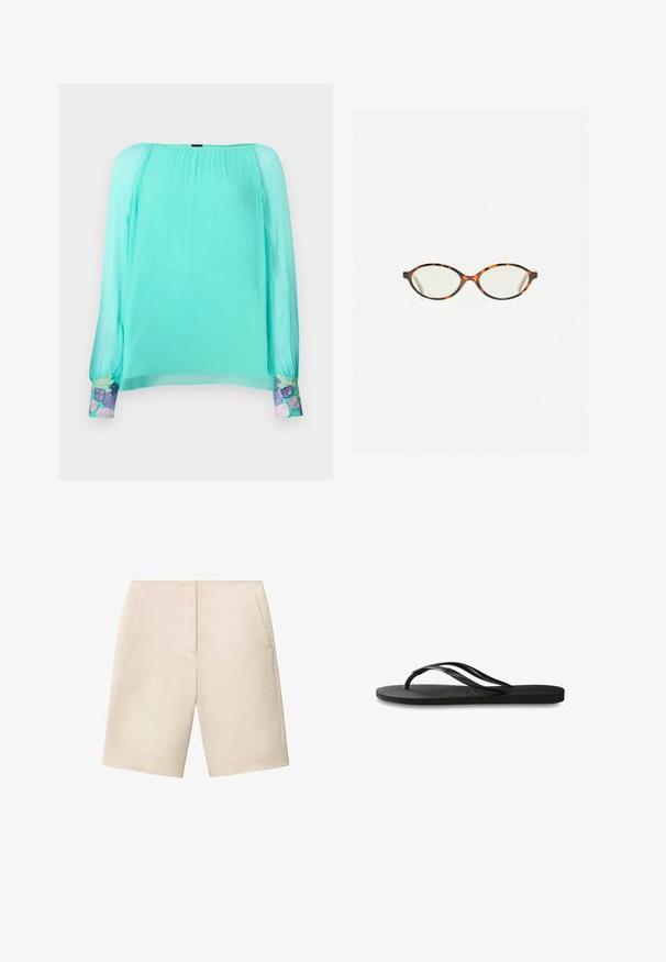 Mintgrön blus med långa, puffiga ärmar. Har broderade blommönster vid ärmsluten. Tillverkad av lätt, genomskinligt tyg.; Beige linneshorts med flat front, två sidofickor och knälång längd, med en slät textur och skräddarsydd design.; Svart flip-flop med en texturerad gummisula, två slanka remmar och en subtil, präglad logodetalj på remmen.; Sköldpaddsmönstrade glasögon med ovala linser och en elegant, slät yta. Har tunna sidor med en subtil kurva vid tinningarna. Klara linser.