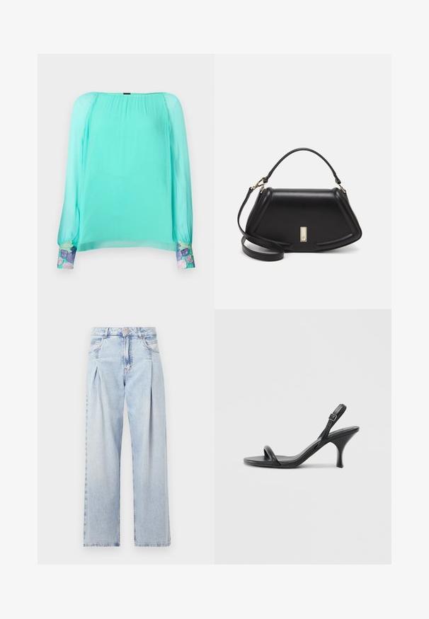 Mint green blouse with long, puffed sleeves. Features embroidered floral accents at the cuffs. Made from lightweight, sheer fabric.; Light blue denim jeans with a high waist, wide-leg cut, two side pockets, and pleated design feature. Soft texture with a faded finish.; Black leather high-heeled sandals with a slim, curved heel and a crossed strap design. Adjustable ankle strap. Smooth texture.; Black leather handbag with a structured design, featuring a cropped shape, top handle, and gold hardware accent. Adjustable shoulder strap included.