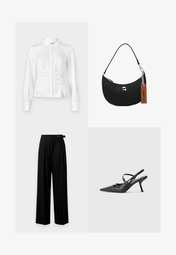 White button-up shirt made of smooth fabric, featuring long sleeves, a collared neckline, and gathered detailing on the sides.; Black wide-leg trousers with a high waist, pleats at the front, and a belt featuring a buckle. Made from smooth, lightweight fabric.; Black leather slingback heels with a pointed toe, slender heel, and decorative buckle detail on the vamp. Smooth texture and sleek design.; Black leather handbag with a pebbled texture, curved shape, top zipper closure, silver hardware, and a brown tag. Features logo accent.