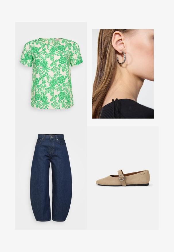 Tričko s krátkym rukávom z svetle krémovej látky s živým zeleným kvetinovým a listovým vzorom, s okrúhlym výstrihom a voľným strihom.; Tmavomodré džínsy z denimu so širokým, voľným strihom. Majú zips na zapínanie, štyri vrecká a kontrastný šev pozdĺž švíkov.; Béžové semišové Mary Jane balerínky s špicatou špičkou a jedným nastaviteľným pásikom so striebornou prackou. Čierna plochá podrážka.; Strieborná kruhová náušnica s lesklým povrchom, obsahujúca malé zlaté akcenty a okrúhly tvar, nosená na lalôčiku ucha.