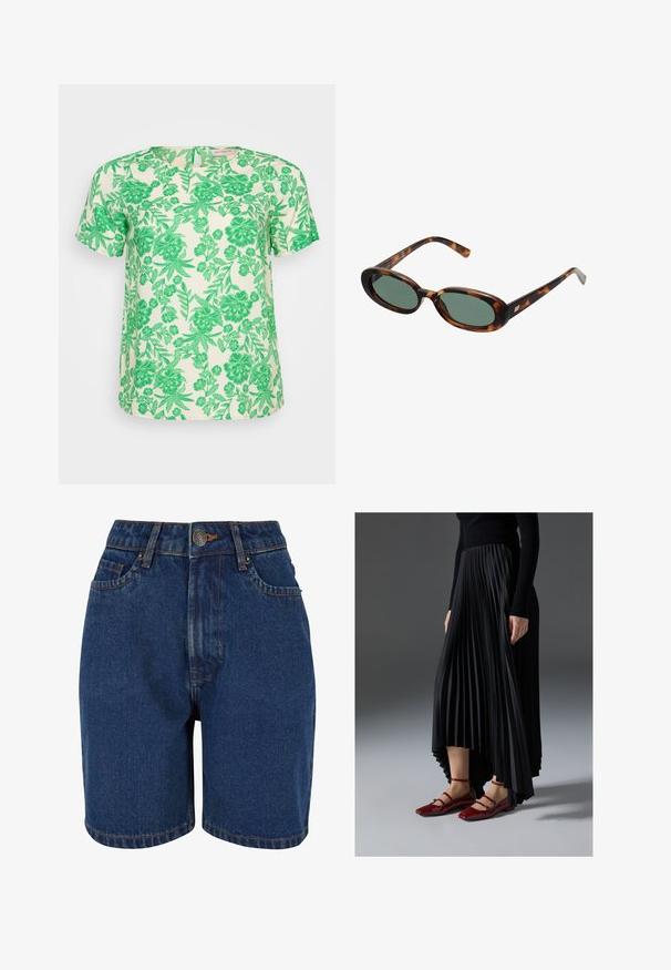 Trumpas rankovės viršus šviesios grietinėlės spalvos audinyje su ryškiai žaliais gėlių ir lapų raštais, su apvalia iškirpte ir laisvu siluetu.; Džinsiniai šortai, turintys tamsiai mėlyną spalvą, aukštą liemenį, penkių kišenių dizainą ir kontrastingus oranžinius siūlus. Audinys atrodo tekstūruotas.; Juoda plisuota sijonas su aukštesniu priekiniu kraštu, derinamas su blizgiomis raudonomis plokščiomis bateliais, turinčiais dirželio dizainą. Medžiaga yra glotni.; Žvyneliai akiniai su ovaliais rėmeliais ir žaliais objektyvais. Siūlo plonas šakes su metaliniu akcentu prie vyrų.; Sidabriniai auskarai su sklandžiu, poliruotu paviršiumi. Apvalios formos ir saugus uždarymo mechanizmas. Lengvas dizainas, tinkantis kasdieniam dėvėjimui.