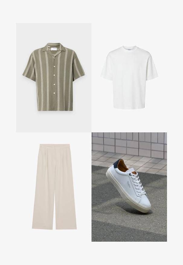Kortermet, olivengrønn skjorte med vertikale hvite striper og knappelukking foran. Laget av teksturert stoff, med krage.; Hvit bomull t-skjorte med korte ermer, rund hals og avslappet passform. Glatt tekstur uten synlige mønstre eller detaljer.; Beige videbukser med flad front, folder og elastisk talje. Fremstillet af et let stof med en glat tekstur.; Hvit lærsneaker med marineblå hæl, rund tå og kontrasterende brune detaljer. Har flate lisser og teksturert gummisåle.