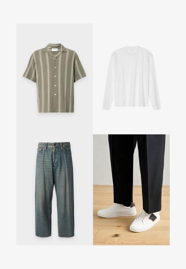 Īsām piedurknēm, olīvzaļš krekls ar vertikālām baltām svītrām un pogām priekšā. Izgatavots no teksturētas auduma, ar apkakles izgriezumu.; Balta kokvilnas garām piedurknēm T-krekls ar apaļu kakla izgriezumu, ripotiem aproču galiem un taisnu apakšu, gluda virsma un minimālistisks dizains.; Gaiši zili džinsi ar brīvu piegriezumu, vidējo jostas augstumu un taisnām kājām. Satur piecas kabatas, jostas cilpas un pogu aizdari.; Baltā pārsoļa apavi ar gludu tekstūru, papildināti ar brūniem ādas akcentiem un melniem elementiem, savienoti ar melnām pielāgotām biksēm. Koka grīdas fons.