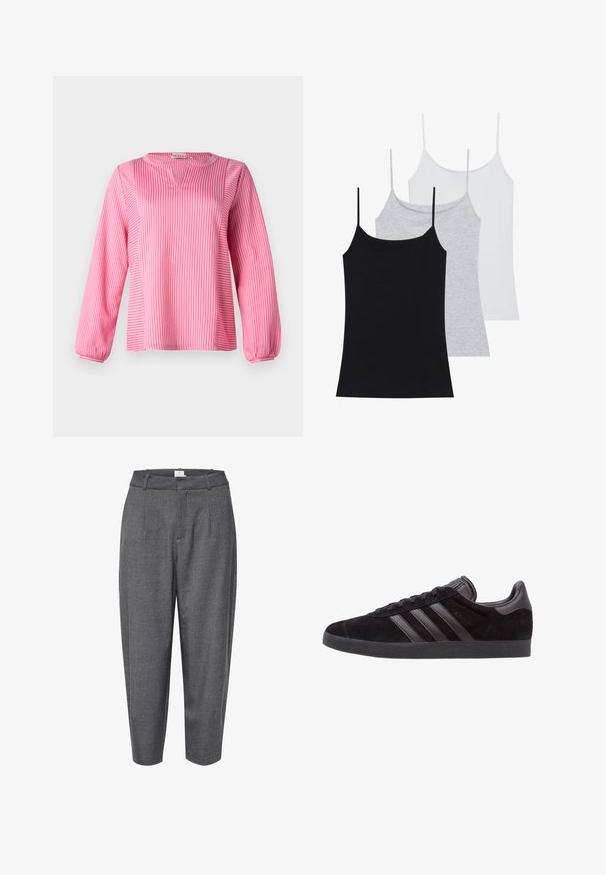 Blusa a maniche lunghe a righe rosa con scollo a V, caratterizzata da polsini arricciati e una vestibilità ampia, realizzata in un tessuto morbido.; Tre canotte senza maniche: una nera, una grigia e una bianca. Realizzate in un tessuto morbido ed elastico con spalline sottili regolabili.; Pantaloni grigi affusolati realizzati in tessuto testurizzato; presentano pences e una cintura liscia con chiusura nascosta.; Sneaker nere in suede con suole in gomma testurizzata, dotate di tre strisce in pelle nera, punta arrotondata e collo imbottito alla caviglia.