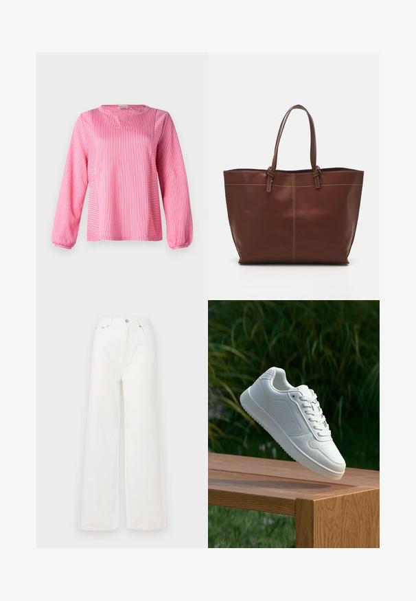 Pink striped long-sleeve blouse with a V-neck, featuring gathered cuffs and a loose fit, made from a smooth fabric.; White high-waisted wide-leg jeans made of denim. Features front pockets, a button closure, and frayed hem details.; White sneaker with a smooth synthetic upper, perforated toe box, flat laces, and a textured sole, displayed on a wooden surface.; Brown leather tote bag with double handles, features contrast stitching and a spacious design, suitable for everyday use.
